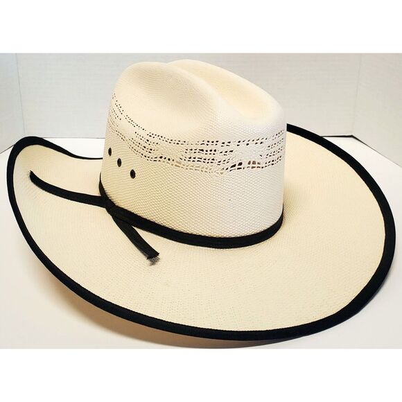 MoksMan 100X Bangora Western Cowboy Hat SZ 7 Legendary Hats Ivory Woven w/ Black - Picture 8 of 16